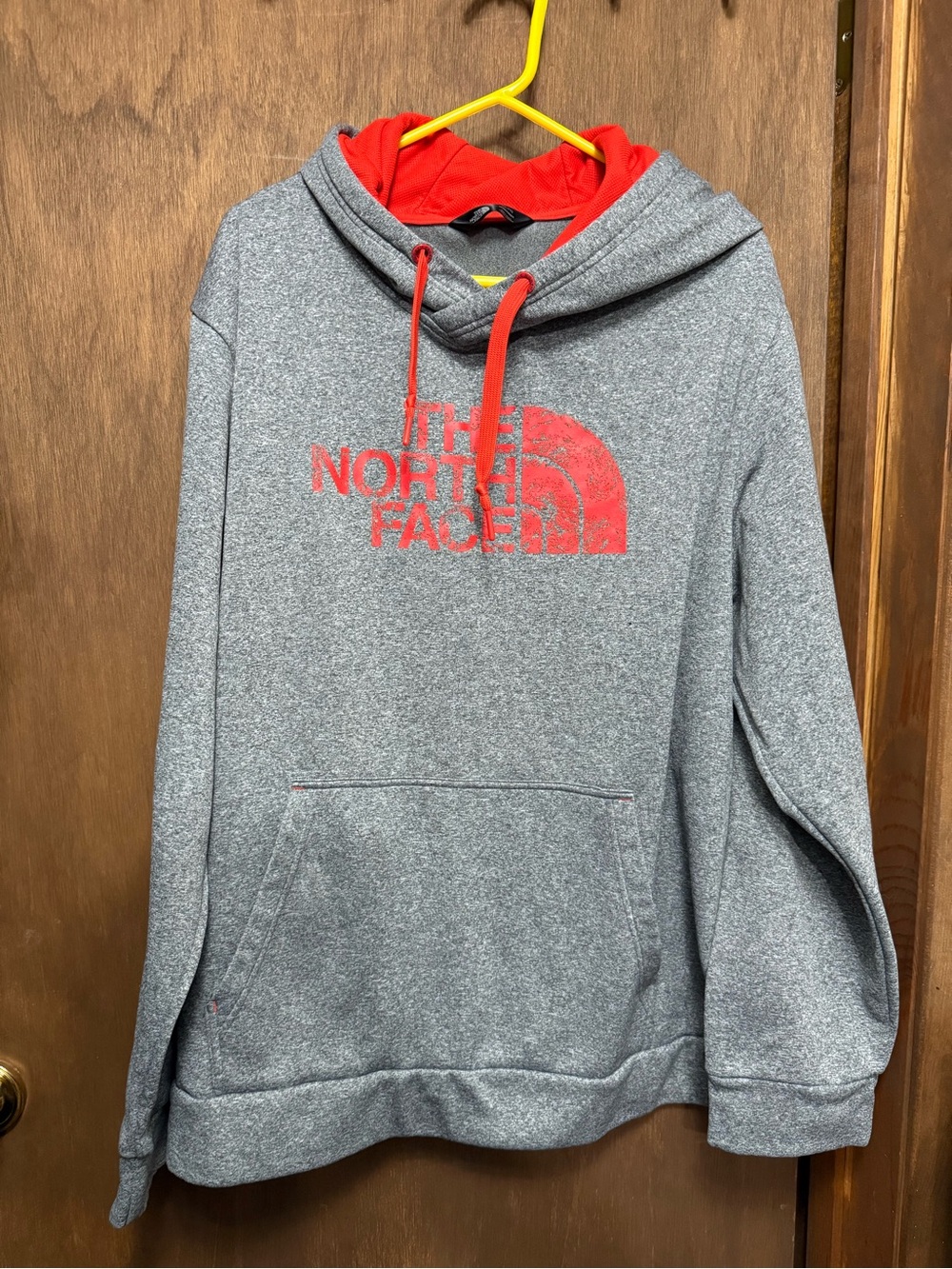 The North Face Men's Heather Gray Crewneck Hoodie with Red Accents